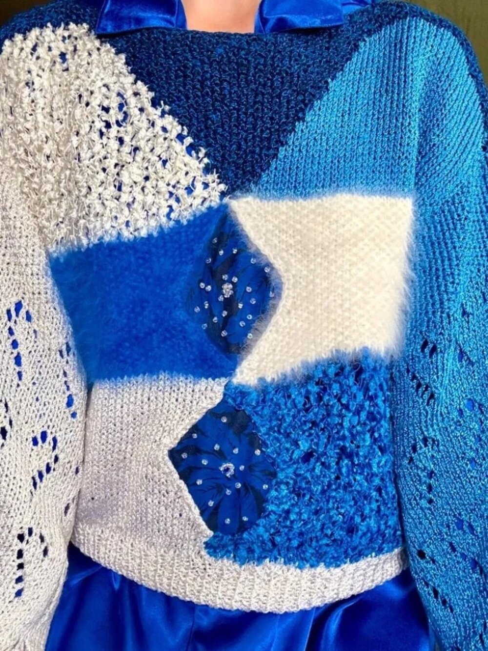 Vintage Patchwork Knit Sweater Medium Maximalist Leslie Long Glam Holiday Party